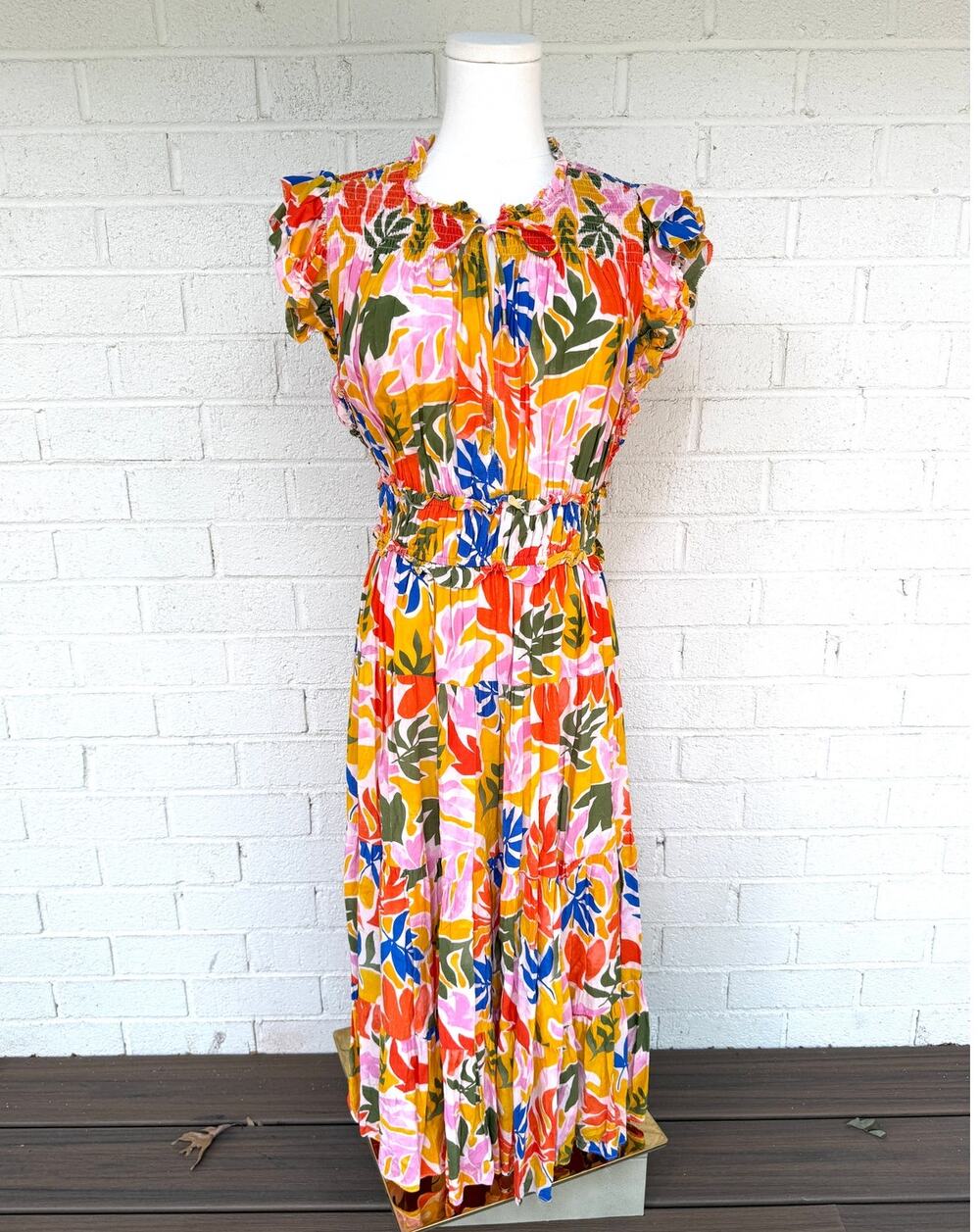 Karlie Colorful Tropical Leaf Midi Dress Smocked Waist Boho Resort Large